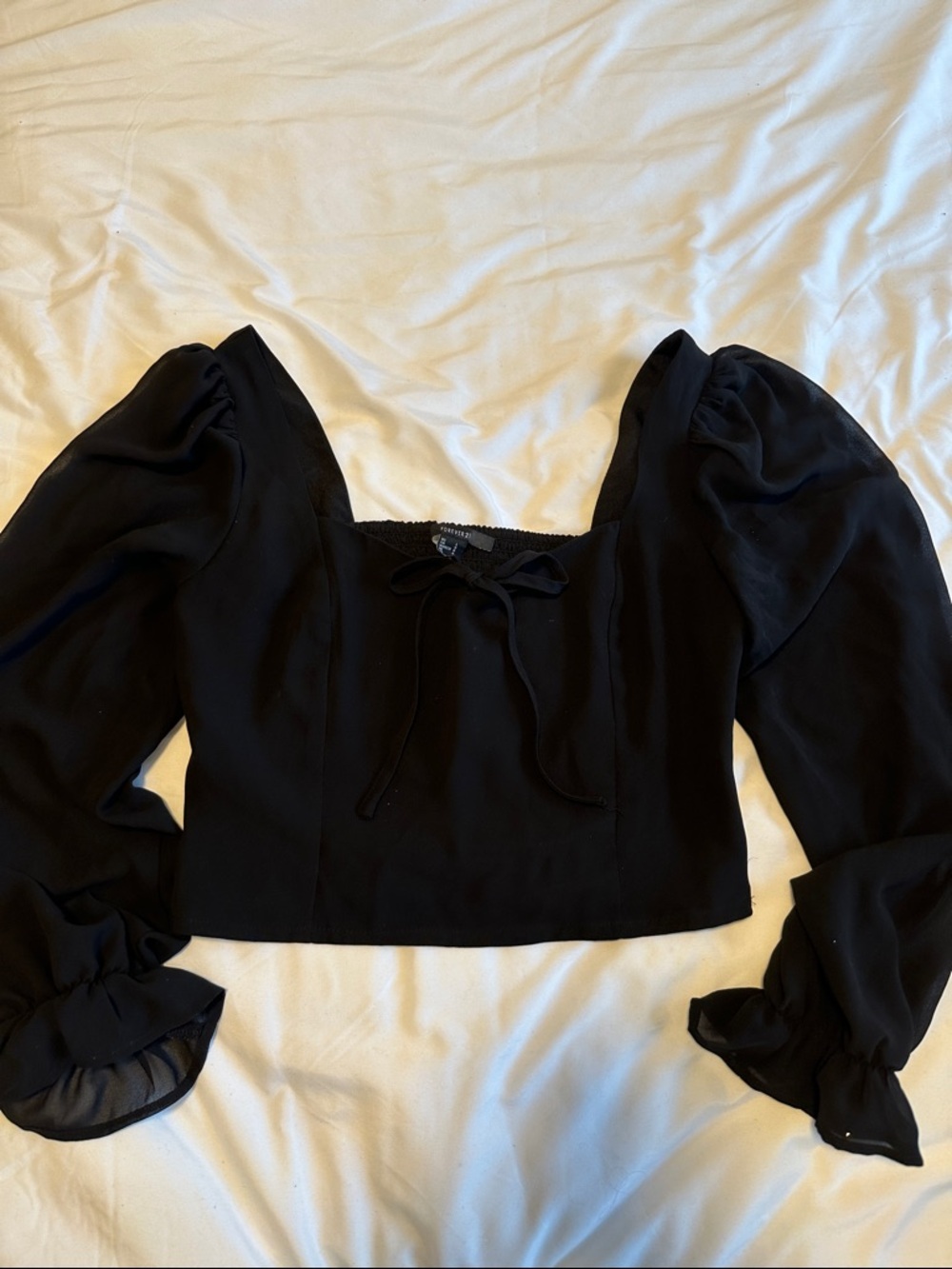 Black Sheer-Sleeve Square-Neck Crop Top